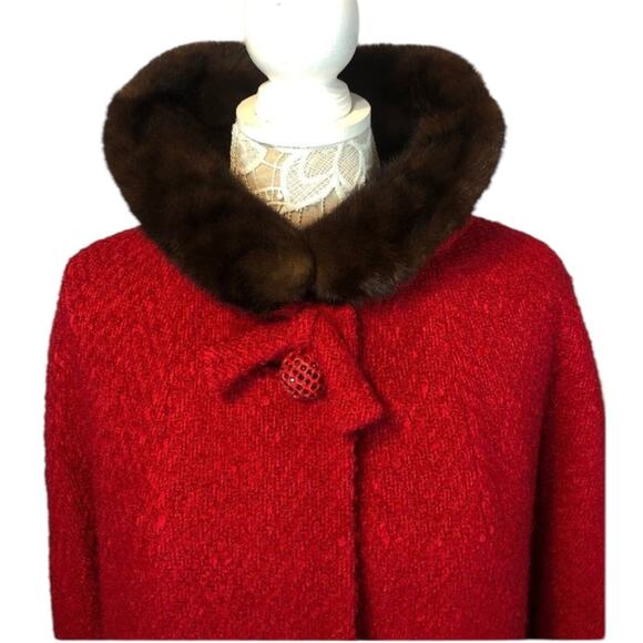1960s Red Wool Mink Collar Brittany Stroock Full-Length Coat medium - Picture 8 of 17